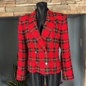 Preppy Tartan Plaid Cropped Double Breasted Blazer Clueless Retro Black Red 12